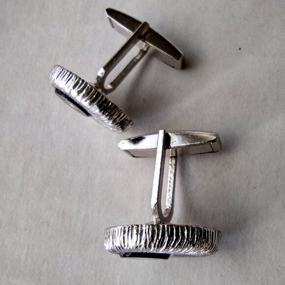 Vintage Cuff Links Black Circle Inset Silvertone Diamond Shape Inset - Picture 6 of 8